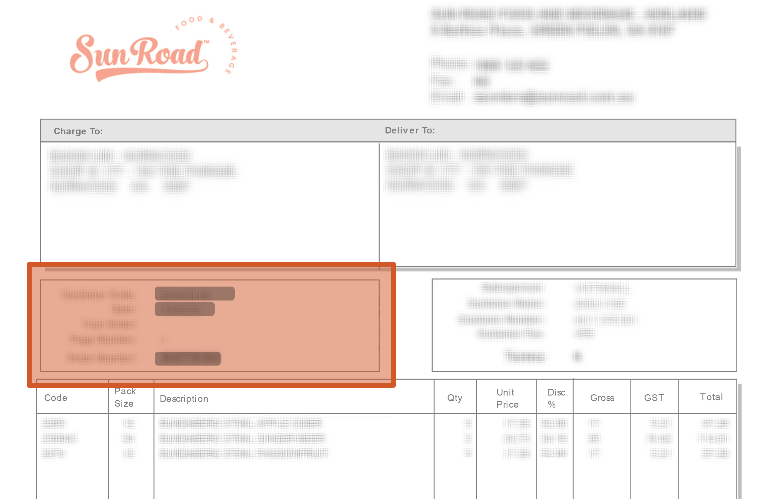 Sun Road Invoice with details highlighted.